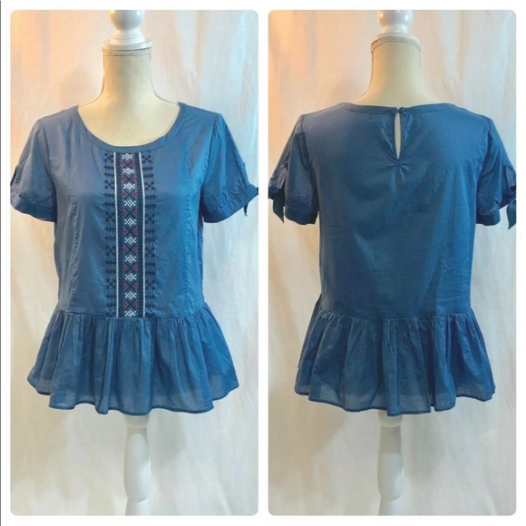 J. Crew Tops - J.CREW Size 2 Peplum Shirt Blouse Blue Embroidered